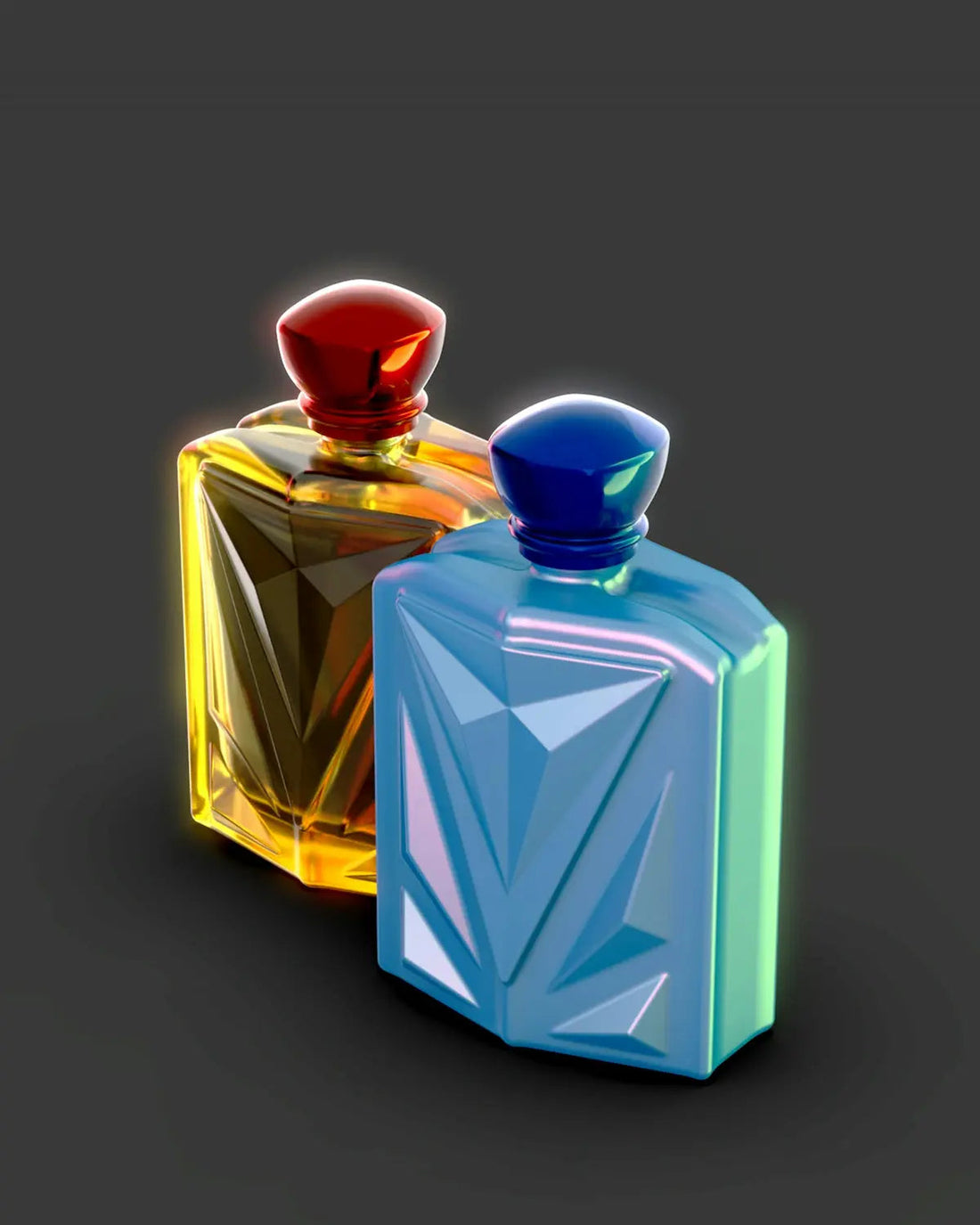 A couple of colorful bottles sitting next to each other